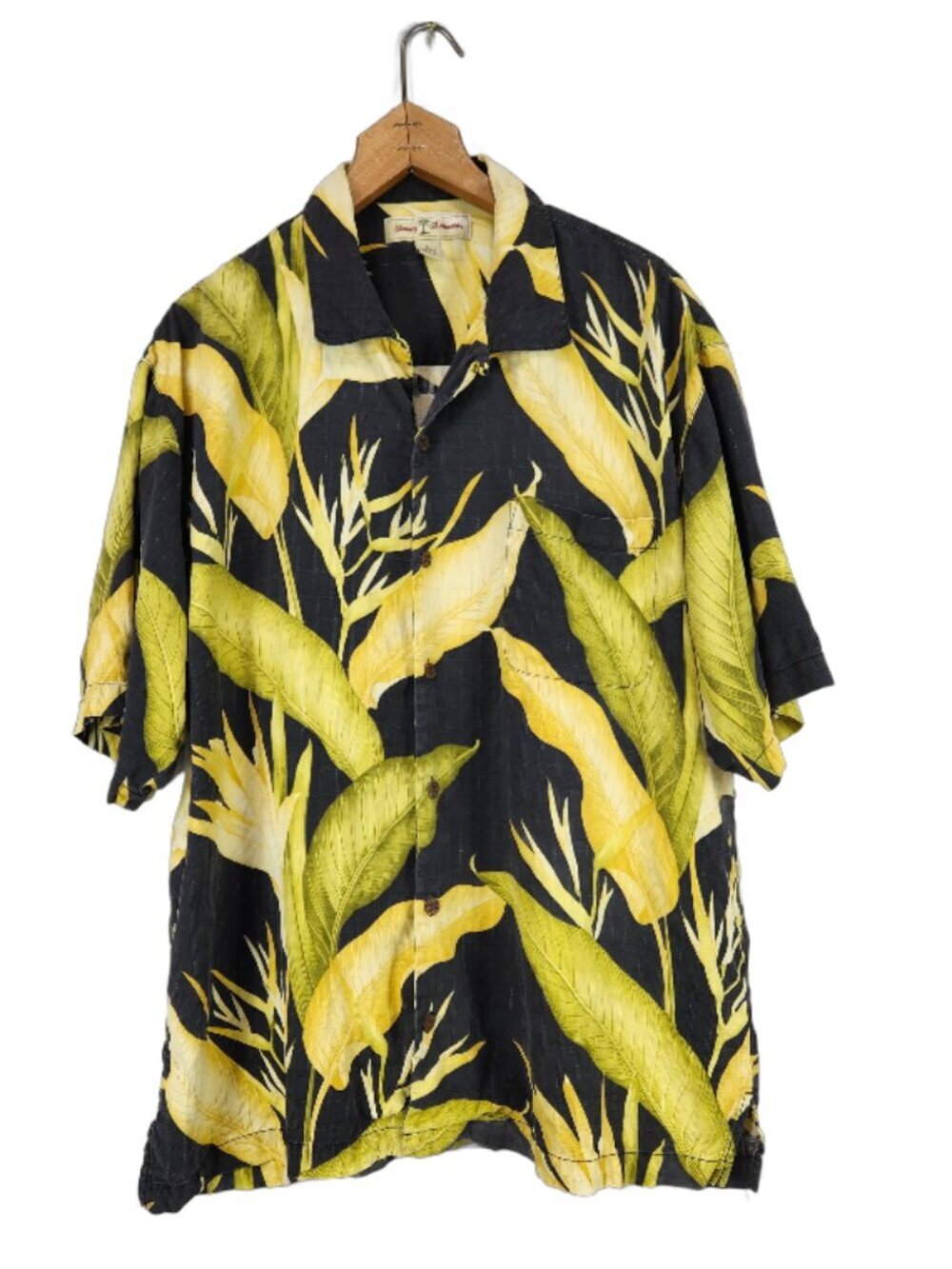 Tommy Bahama Button Up Mens Shirt L Silk Yellow Tropical Hawaiian Beach Travel